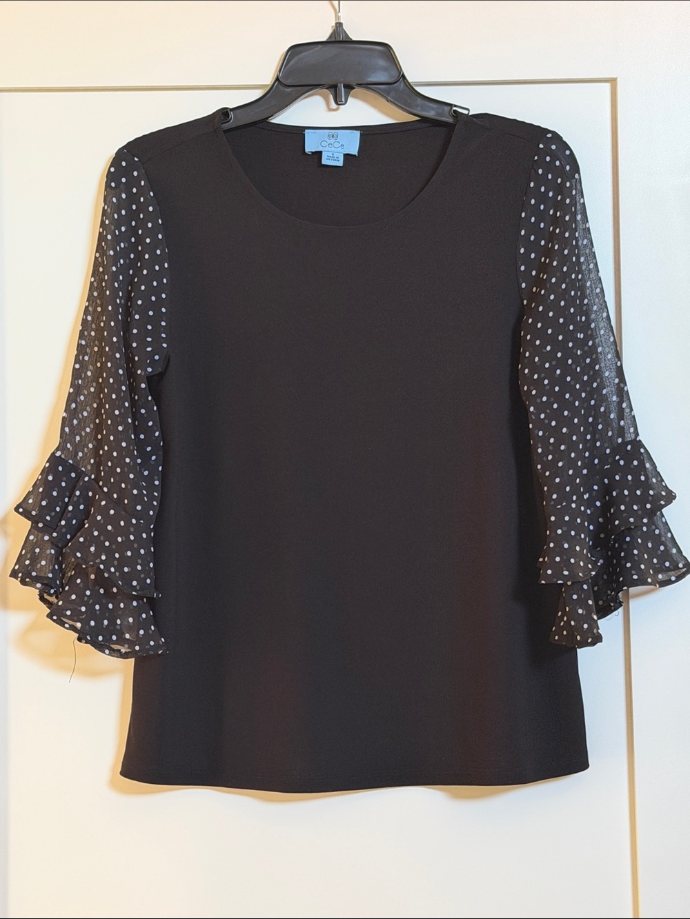 CeCe Black Blouse with Polka Dot Ruffle Sleeves